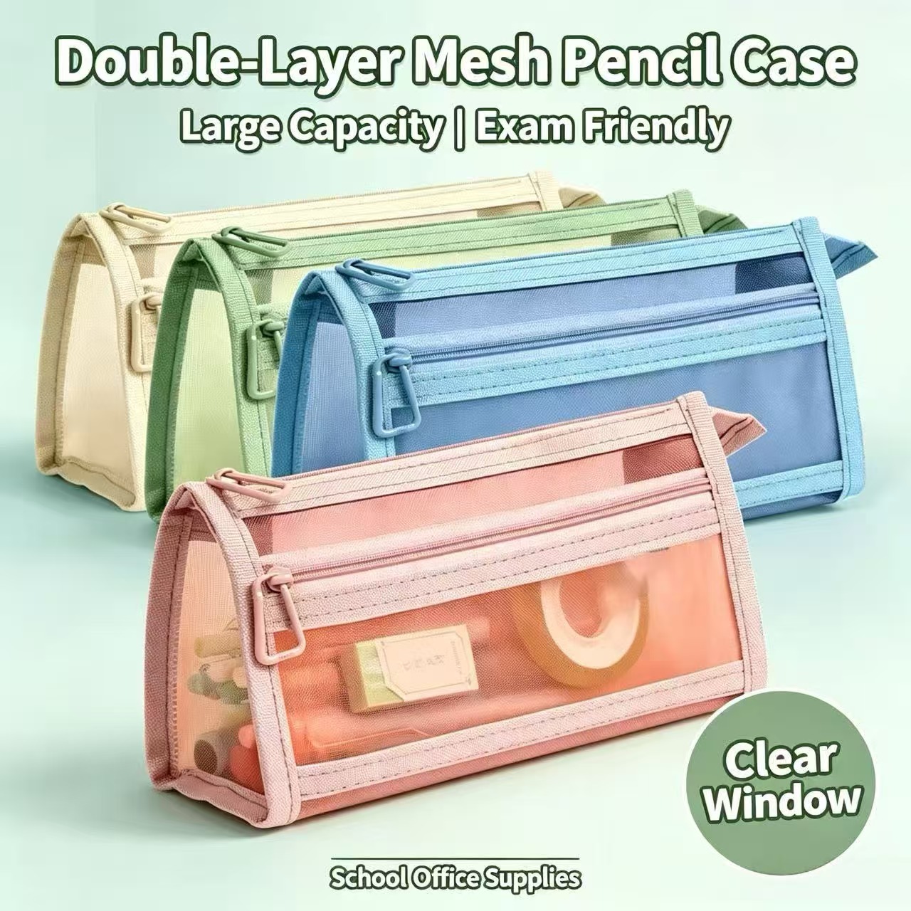 Clear Mesh Pencil Pouch For Exam - Trousse à crayons double couche en