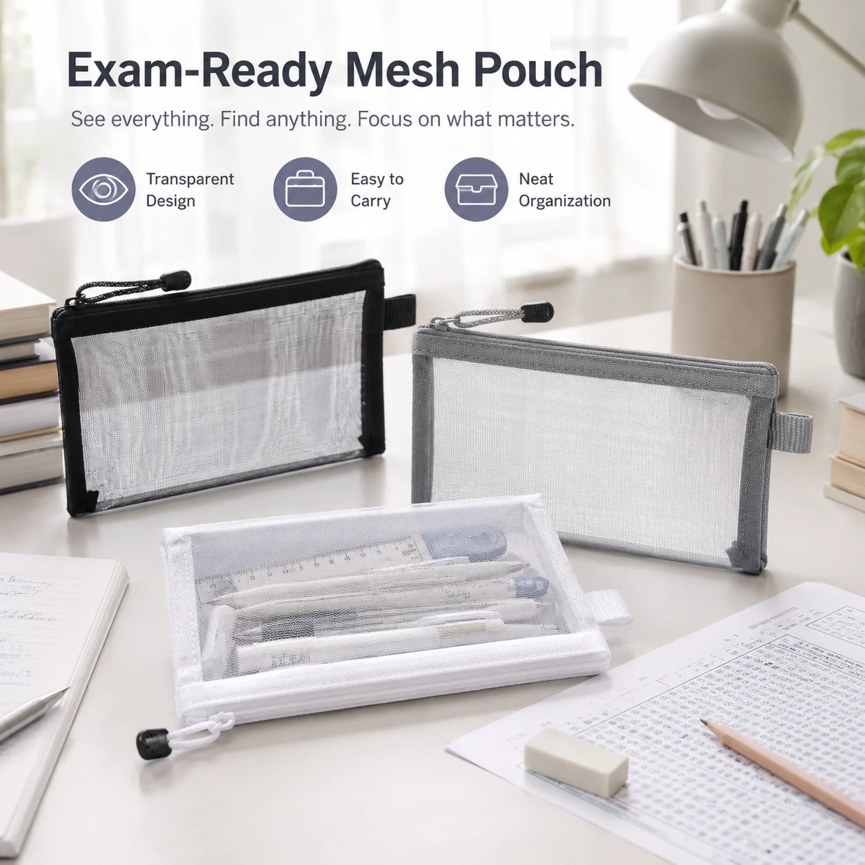 Clear Mesh Pencil Pouch For Exam - Sac à crayons en maille transparente,